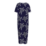White And Blue Turtle Pattern Print Short Sleeve Long Nightdress