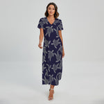 White And Blue Turtle Pattern Print Short Sleeve Maxi Dress