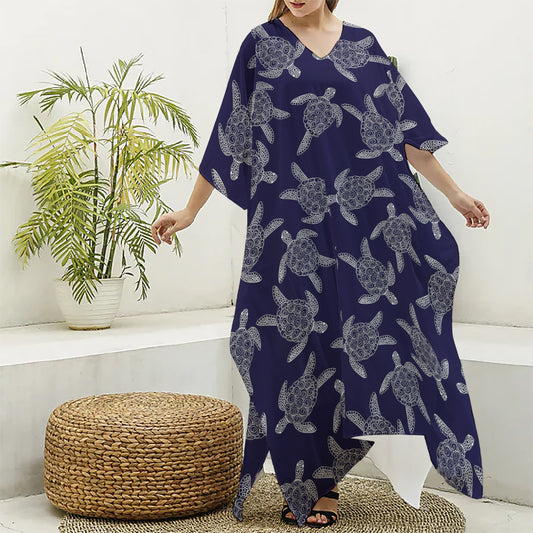 White And Blue Turtle Pattern Print Silk V-Neck Kaftan Dress