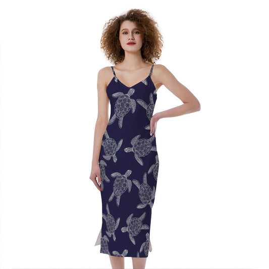 White And Blue Turtle Pattern Print Slim Fit Midi Cami Dress