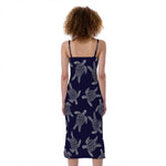 White And Blue Turtle Pattern Print Slim Fit Midi Cami Dress