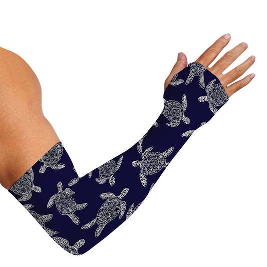 White And Blue Turtle Pattern Print Sun Protection Arm Sleeves