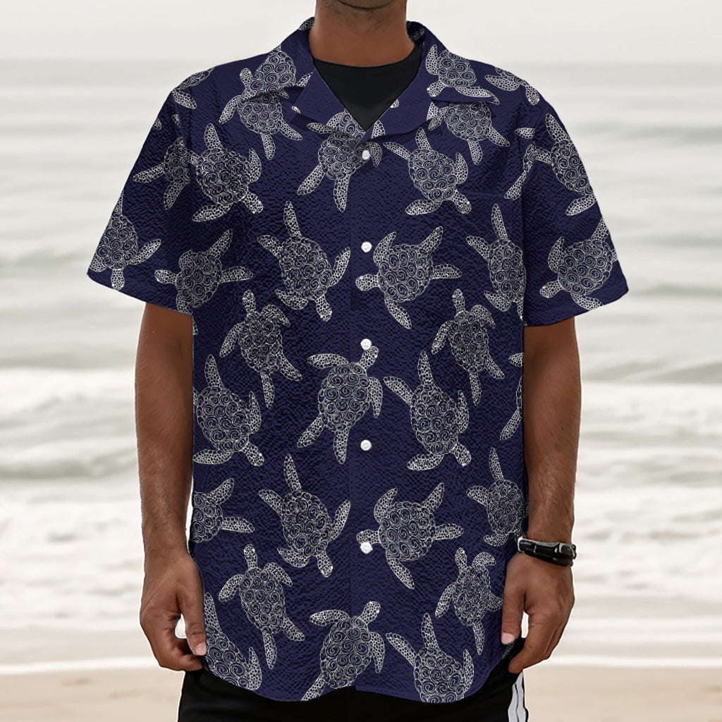 White And Blue Turtle Pattern Print Textured Short Sleeve Shirt