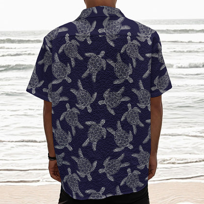 White And Blue Turtle Pattern Print Textured Short Sleeve Shirt