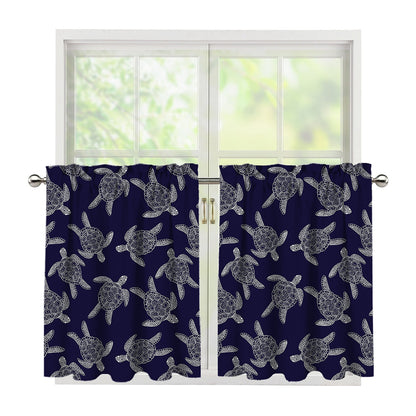 White And Blue Turtle Pattern Print Tier Curtains