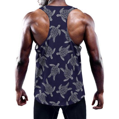 White And Blue Turtle Pattern Print Training Tank Top