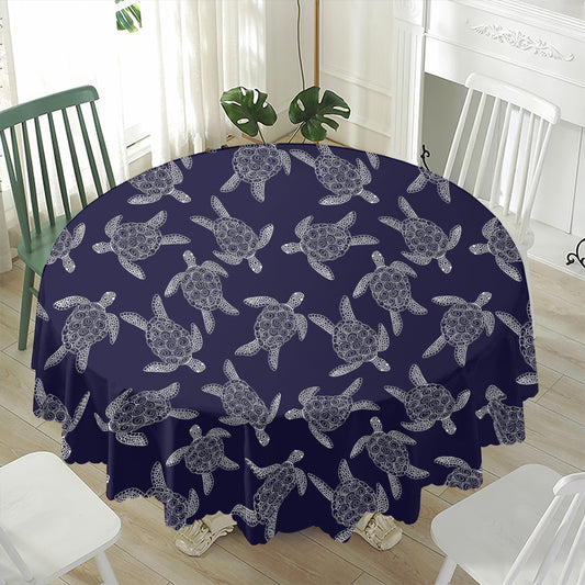 White And Blue Turtle Pattern Print Waterproof Round Tablecloth