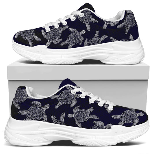 White And Blue Turtle Pattern Print White Chunky Shoes