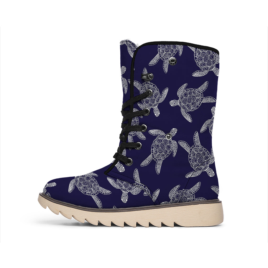 White And Blue Turtle Pattern Print Winter Boots