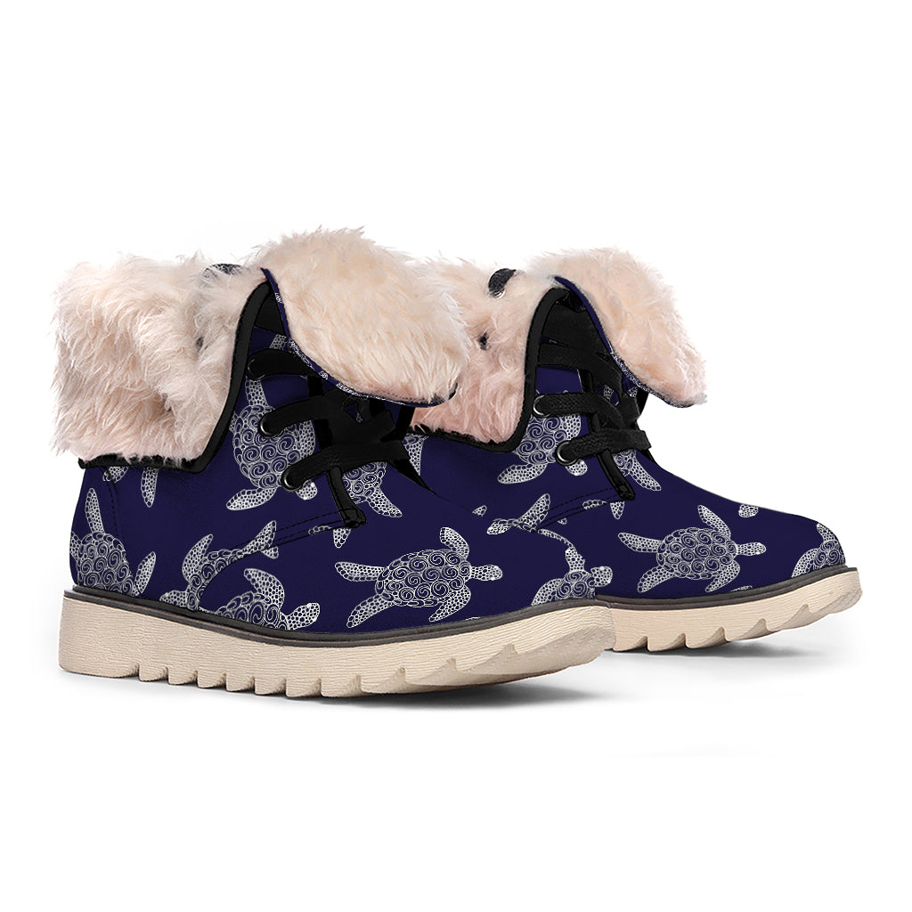 White And Blue Turtle Pattern Print Winter Boots