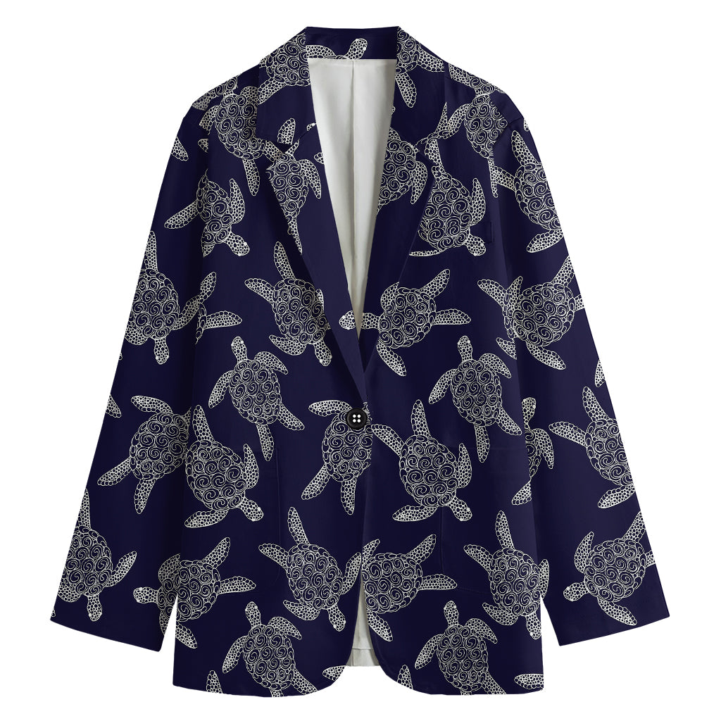 White And Blue Turtle Pattern Print Women's Blazer