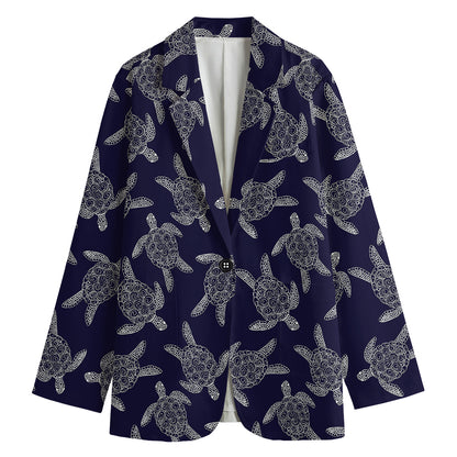 White And Blue Turtle Pattern Print Women's Blazer