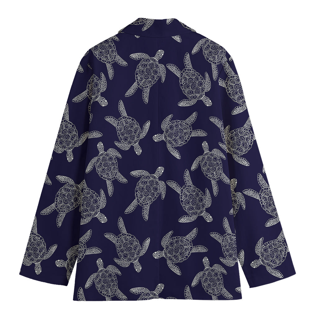 White And Blue Turtle Pattern Print Women's Blazer