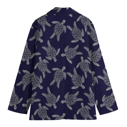 White And Blue Turtle Pattern Print Women's Blazer