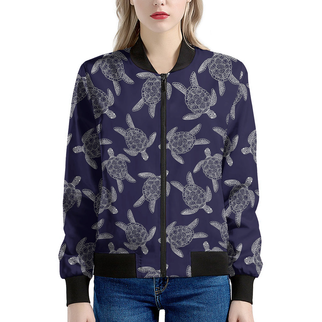 White And Blue Turtle Pattern Print Women's Bomber Jacket