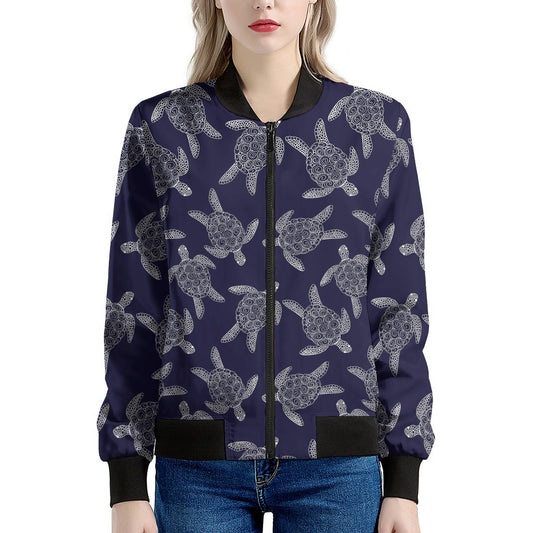 White And Blue Turtle Pattern Print Women's Bomber Jacket