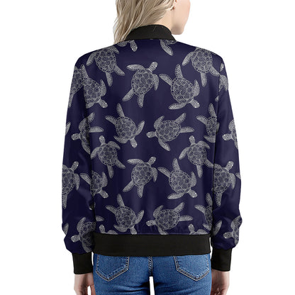 White And Blue Turtle Pattern Print Women's Bomber Jacket