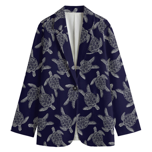 White And Blue Turtle Pattern Print Women's Cotton Blazer