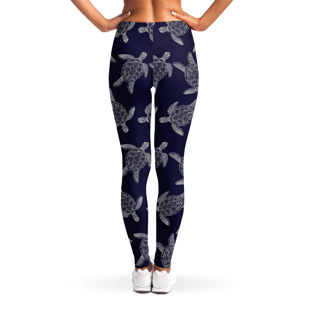 White And Blue Turtle Pattern Print Women's Leggings
