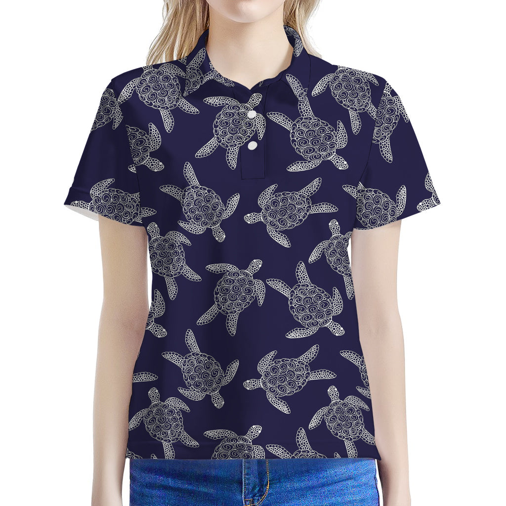 White And Blue Turtle Pattern Print Women's Polo Shirt
