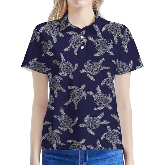 White And Blue Turtle Pattern Print Women's Polo Shirt