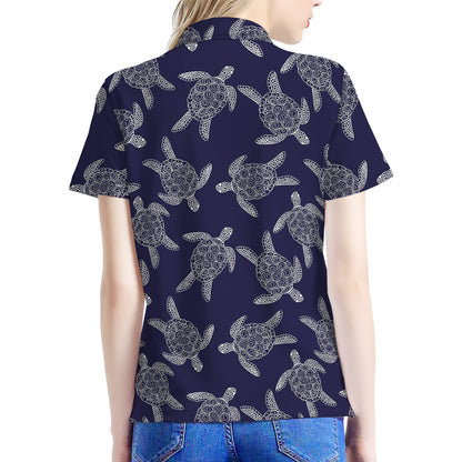 White And Blue Turtle Pattern Print Women's Polo Shirt