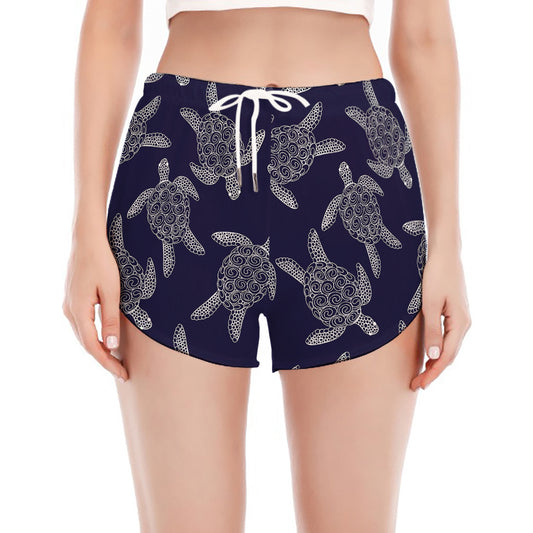 White And Blue Turtle Pattern Print Women's Split Running Shorts