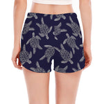 White And Blue Turtle Pattern Print Women's Split Running Shorts