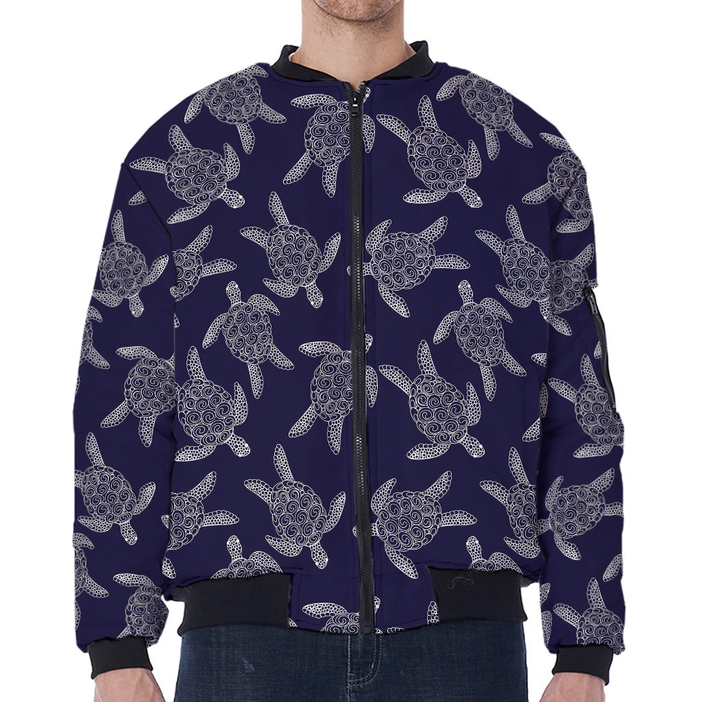 White And Blue Turtle Pattern Print Zip Sleeve Bomber Jacket