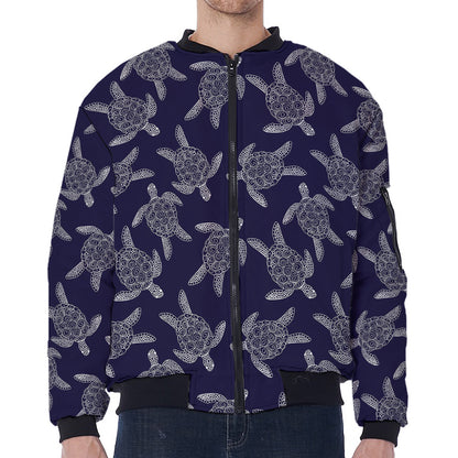 White And Blue Turtle Pattern Print Zip Sleeve Bomber Jacket