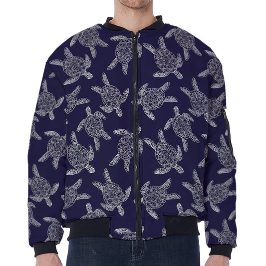 White And Blue Turtle Pattern Print Zip Sleeve Bomber Jacket