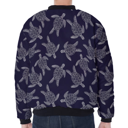 White And Blue Turtle Pattern Print Zip Sleeve Bomber Jacket