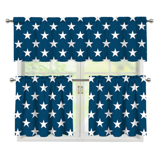 White And Blue USA Star Pattern Print 3 Piece Kitchen Curtains