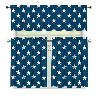 White And Blue USA Star Pattern Print 3 Piece Kitchen Curtains