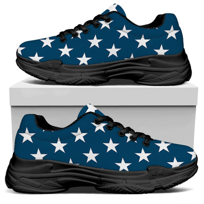 White And Blue USA Star Pattern Print Black Chunky Shoes