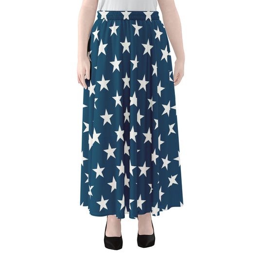 White And Blue USA Star Pattern Print Chiffon Maxi Skirt
