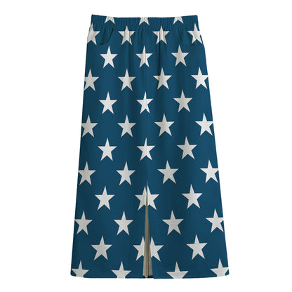 White And Blue USA Star Pattern Print Cotton Front Slit Maxi Skirt
