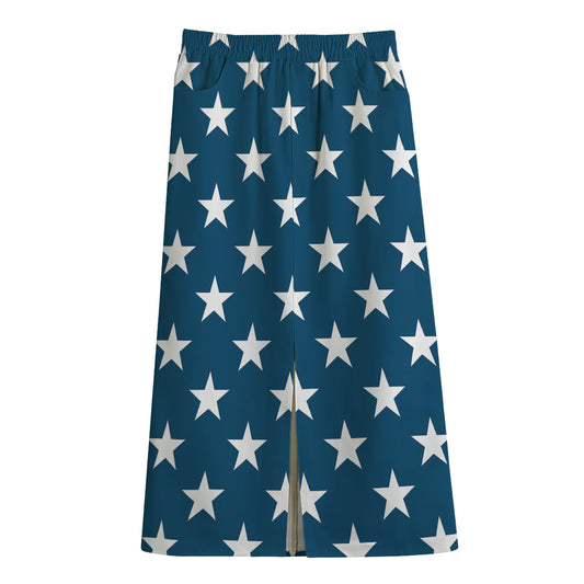 White And Blue USA Star Pattern Print Cotton Front Slit Maxi Skirt
