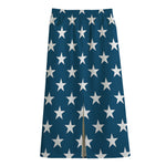 White And Blue USA Star Pattern Print Cotton Front Slit Maxi Skirt