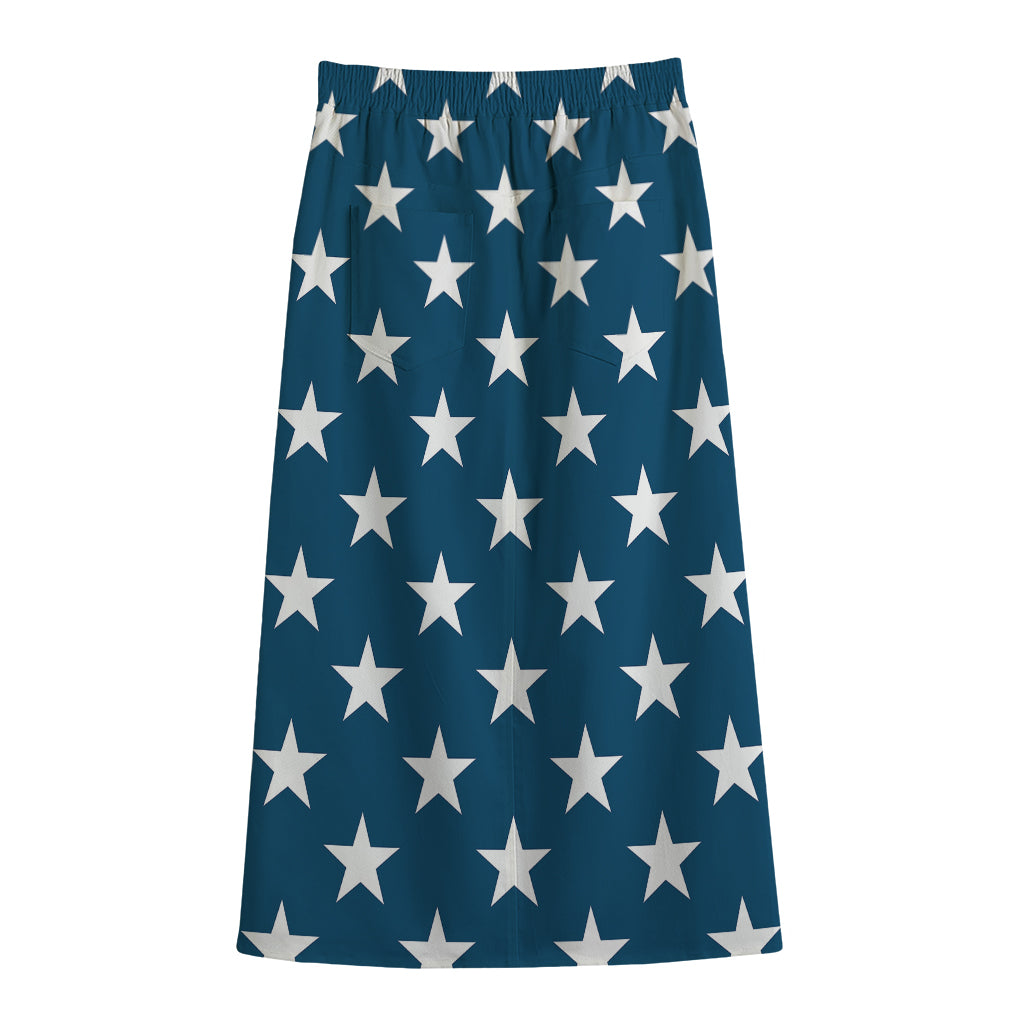 White And Blue USA Star Pattern Print Cotton Front Slit Maxi Skirt