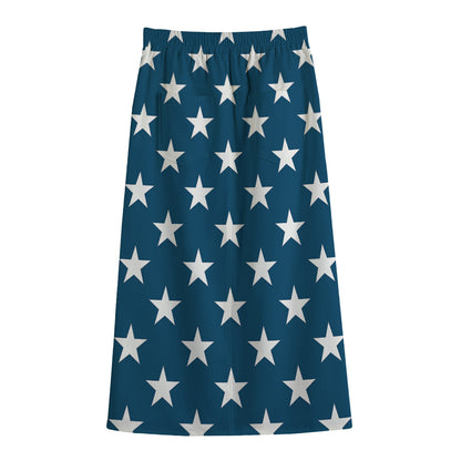 White And Blue USA Star Pattern Print Cotton Front Slit Maxi Skirt