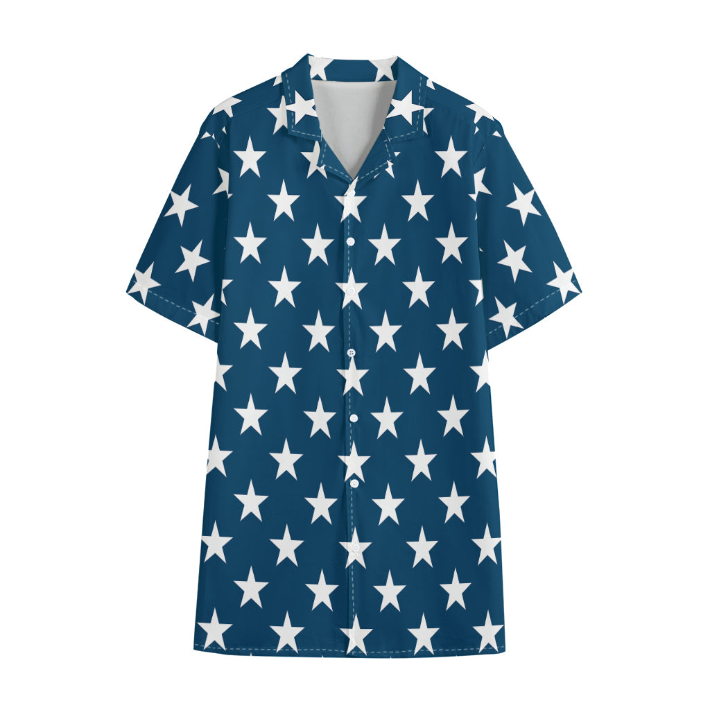 White And Blue USA Star Pattern Print Cotton Hawaiian Shirt