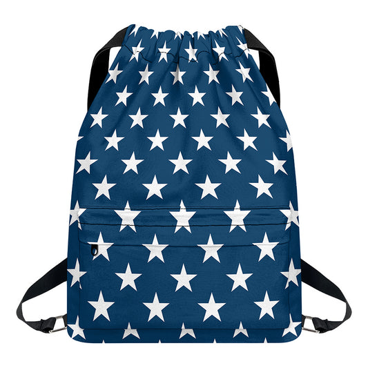 White And Blue USA Star Pattern Print Drawstring Backpack