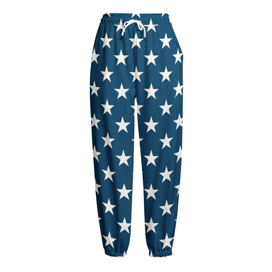White And Blue USA Star Pattern Print Fleece Lined Knit Pants