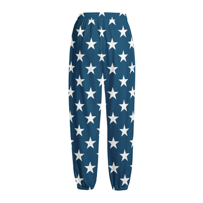 White And Blue USA Star Pattern Print Fleece Lined Knit Pants
