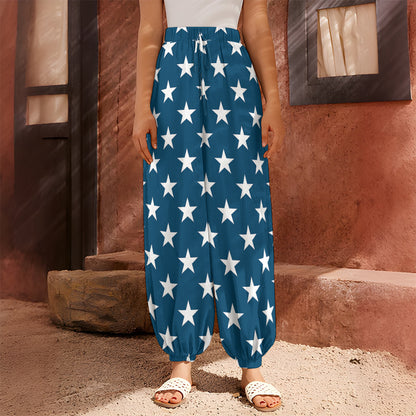 White And Blue USA Star Pattern Print Harem Pants