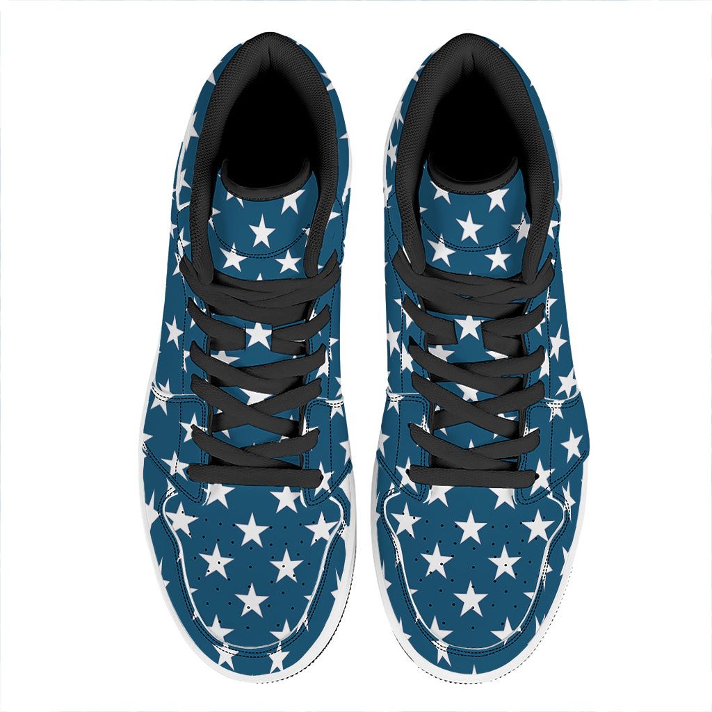 White And Blue USA Star Pattern Print High Top Leather Sneakers