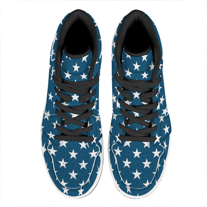 White And Blue USA Star Pattern Print High Top Leather Sneakers