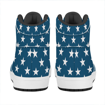 White And Blue USA Star Pattern Print High Top Leather Sneakers