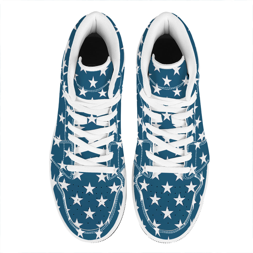 White And Blue USA Star Pattern Print High Top Leather Sneakers